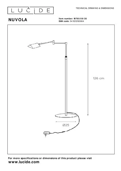 Lucide NUVOLA - Leeslamp - Ø 20 cm - LED Dimb. - 1x9W 3000K - Zwart - technisch